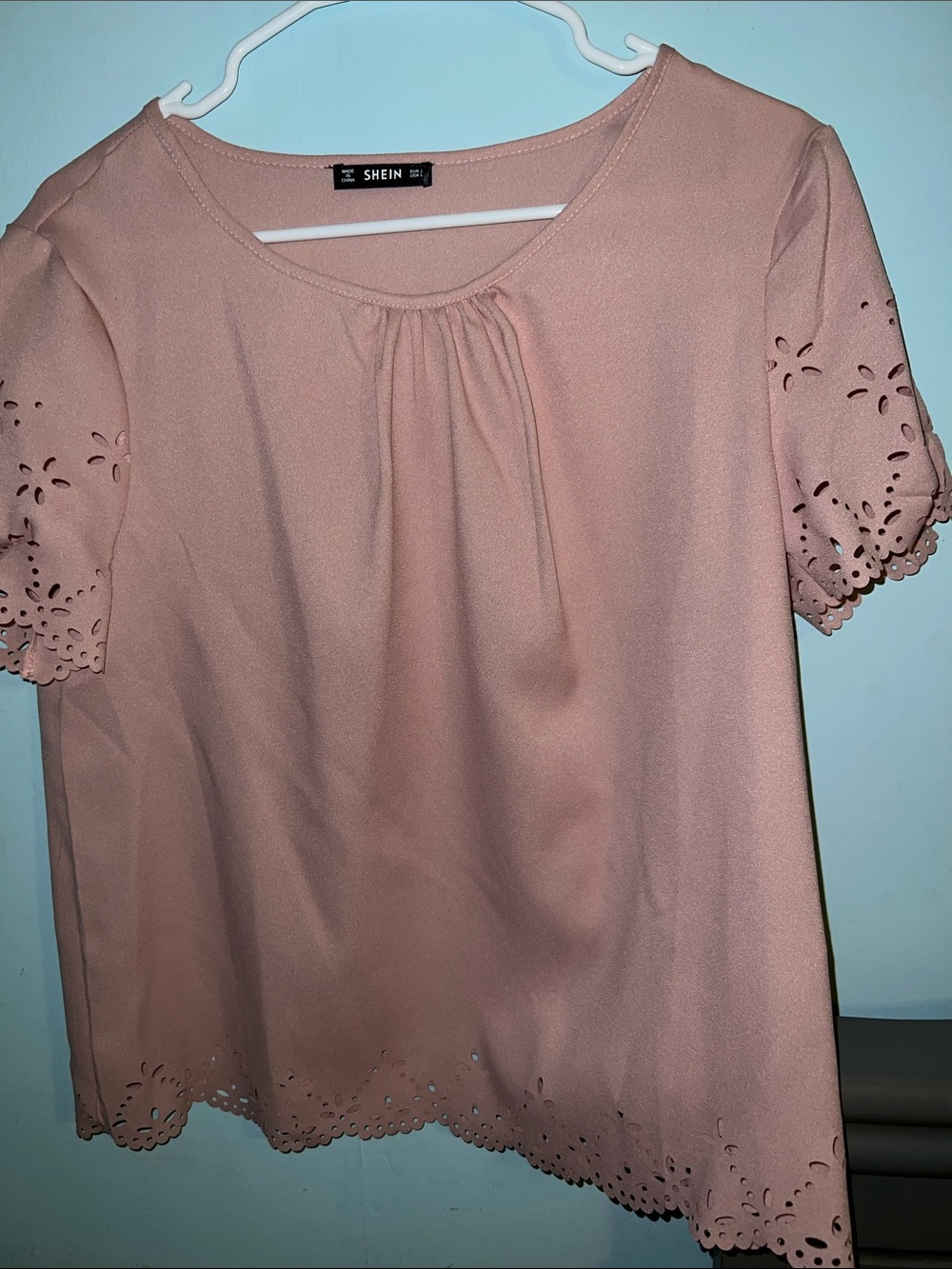 SHEIN Blush Pink Laser-Cut Short Sleeve Top
